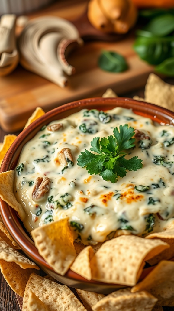 Creamy spinach and artichoke dip in a bowl with tortilla chips on the side, garnished with parsley.